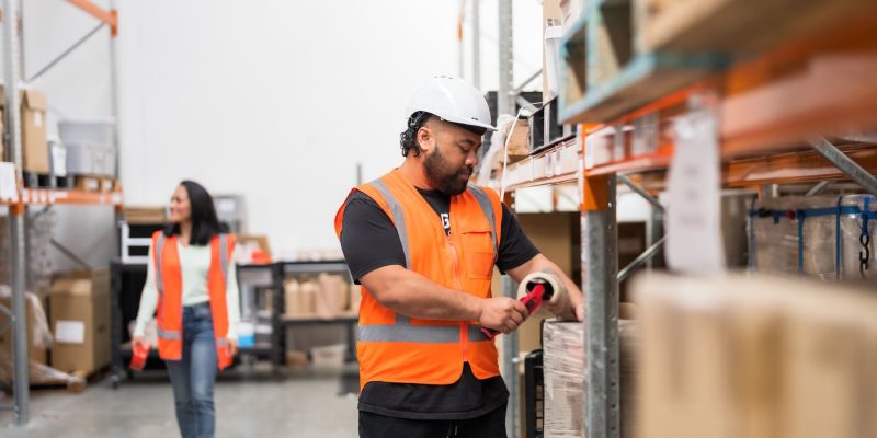 A logistics professional carefully taps and checks a large cardboard parcel inside a warehouse storage facility, reflecting reliability, attention to detail, and smooth supply chain operations.
